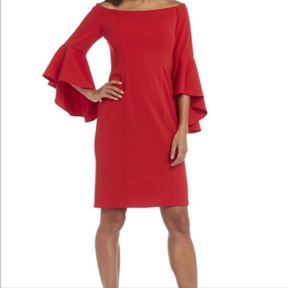 R & M Richards size 8 red off the shoulder 3/4 bell sleeves perfect NWOT